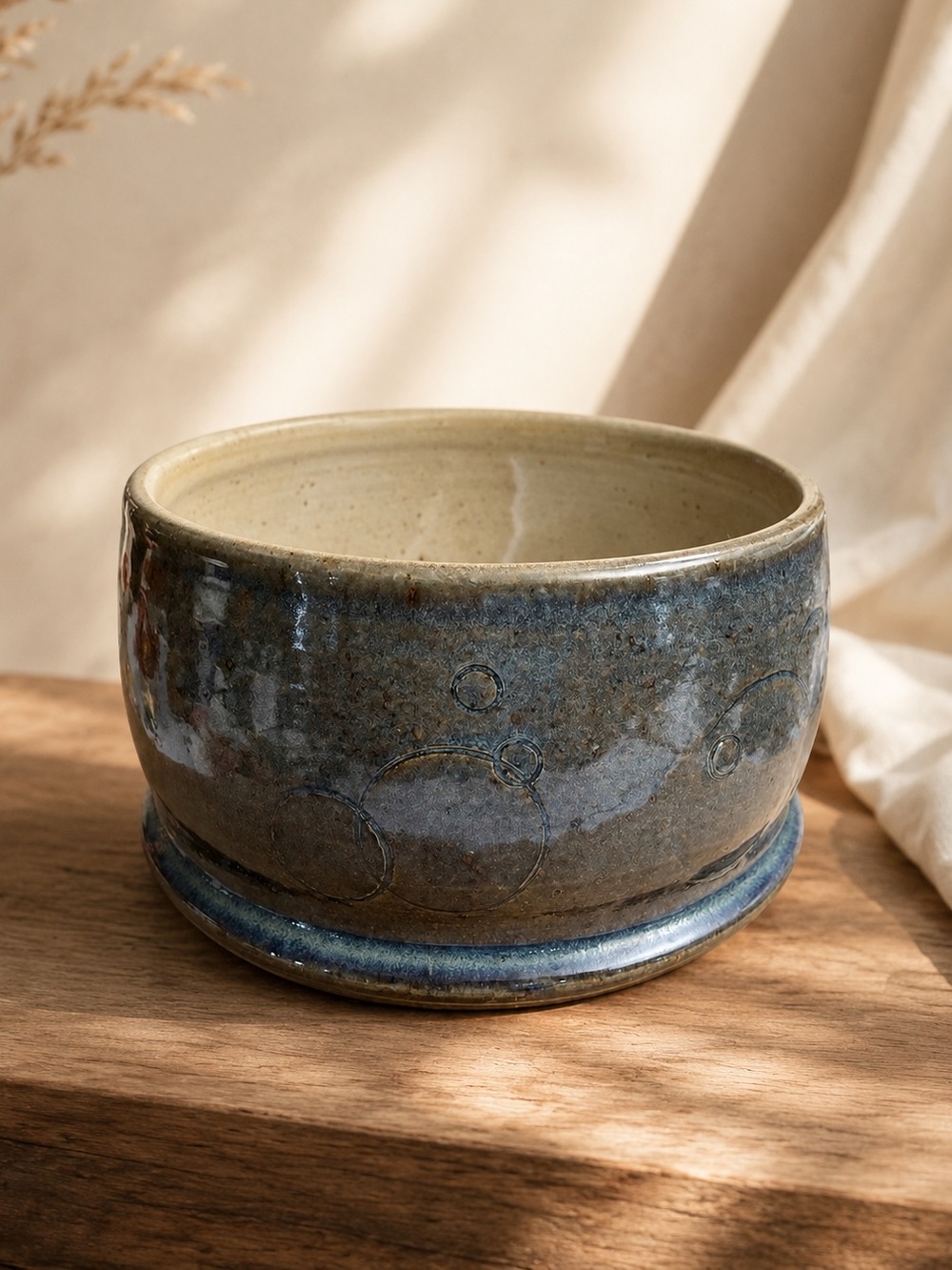 Hand thrown stoneware art pottery Planter studio blue signed by Artist D. Hurick